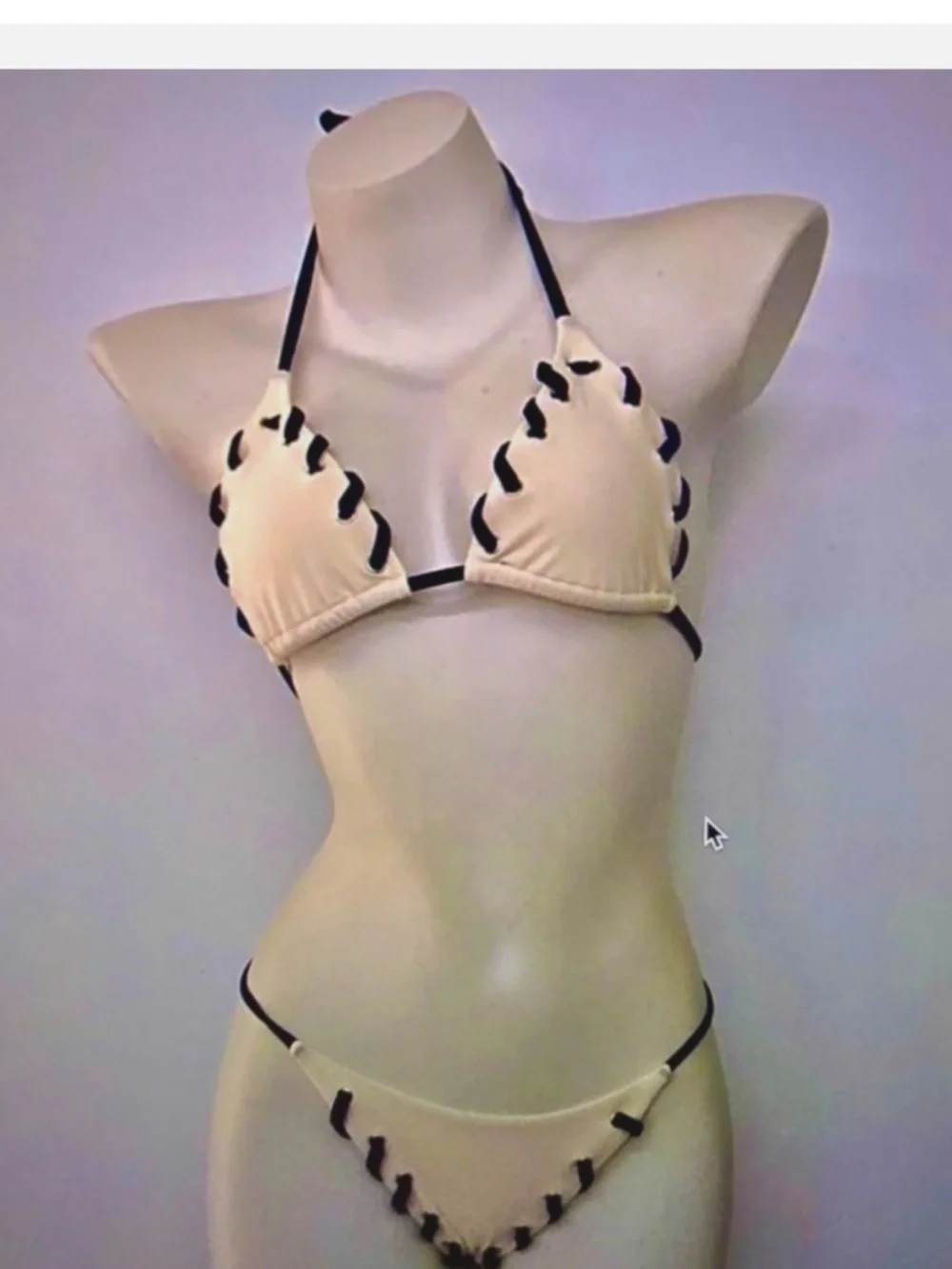 Cream Ribbed Triangle Bikini Set Black Whipstitch Trim Size [S]